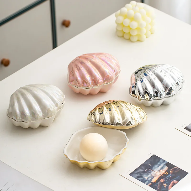 Pink Ceramic Shell Shaped Jewelry Storage Box Pearl Glaze Earring Necklace Holder Ladies' Dressing Table Hairpin Lipstick Box