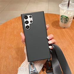 Solid Color Soft Silicone Phone Case with Lanyard Strap Cover - S22 Ultra (Black)
