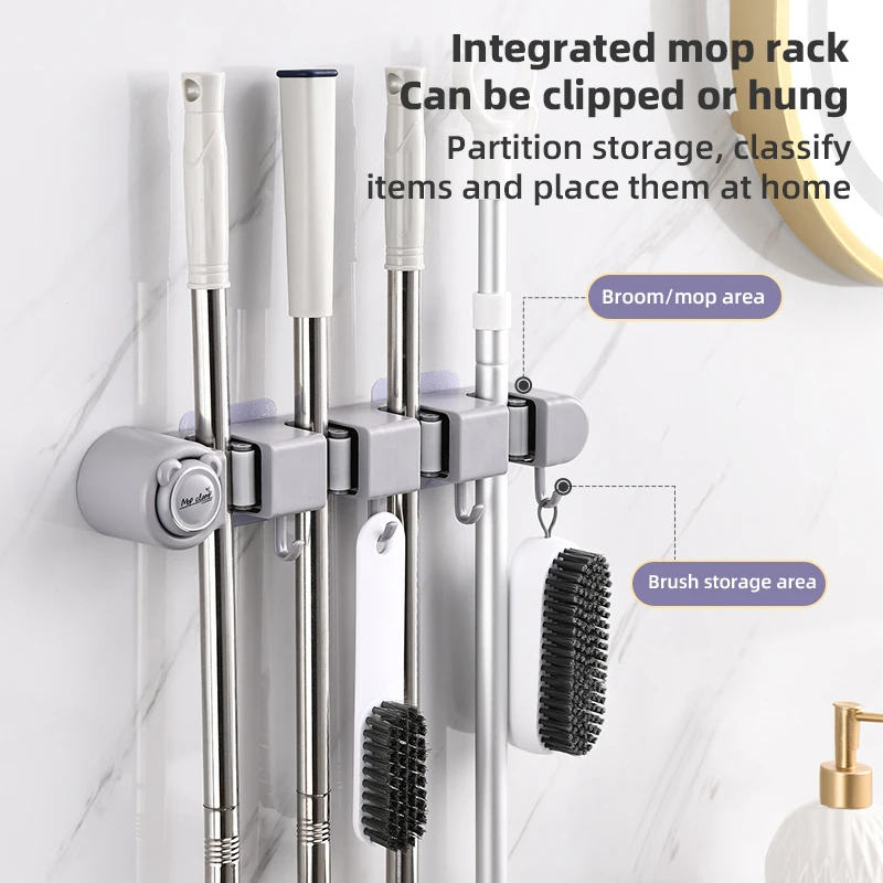 Broom Mop Holder, Wall Mounted Self-Adhesive Broom And Mop Organizer With Hooks For Bathroom Kitchen Closet Storage: 3 - 5 Days Free Delivery Only UK