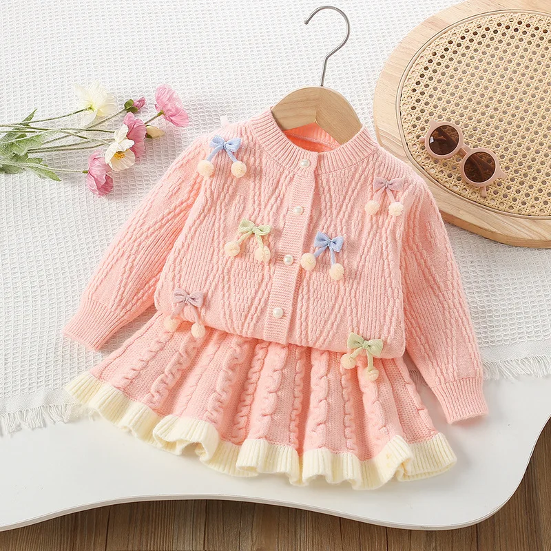 Yanmucy Ragazze Abiti e Cappotto Set 2 Pezzi Textured Stampa Floreale Abiti Manica Lunga Cardigan Neonata Vestiti per 2-8 Anni (IT, età, 2 Anni, 3 Anni, Regular, Rosa
