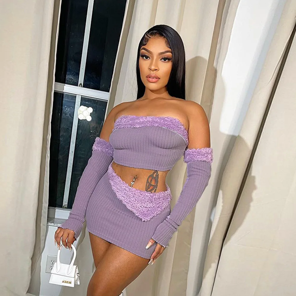 Fur Knitted Dress 2 Piece Skirt Sets 2023 Winter Fall Sexy Y2K Club Dresses Elegant Crop Tops Crocheted Two Piece Sets Outfit