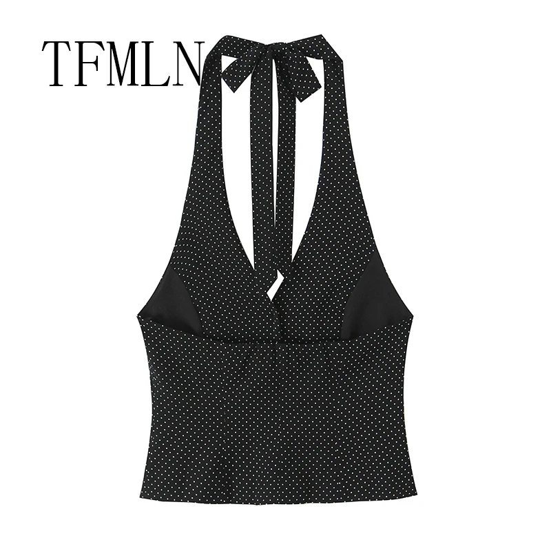 TFMLN Women New Halter Top Summer Female Fashion  Polka Dot Vest Shirt Casual Single Breasted Tops Sexy Backless Top