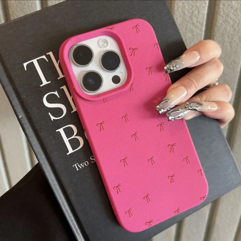 Cherry Cute Bow Shockproof Lichee Pattern Soft Phone Case Cover