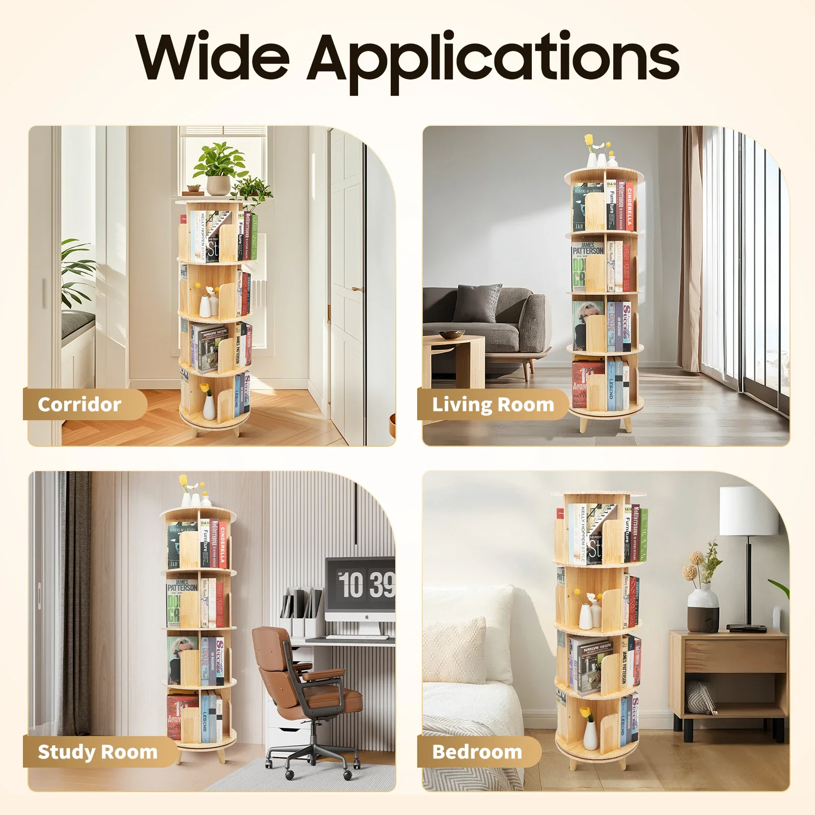 4Tier Rotating Bookshelf with Legs,Floor Standing Stackable Bookshelf Wood Bookcase Round Bookcase 360Display BookShelf