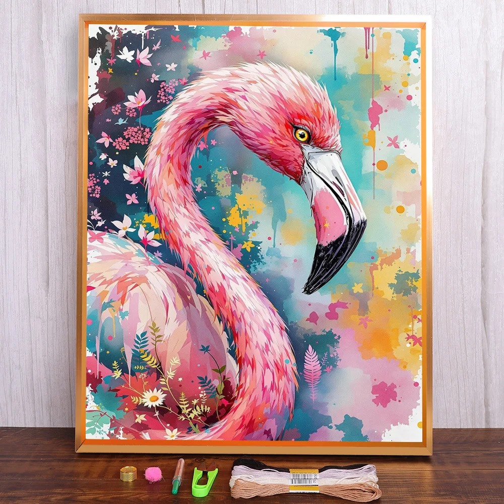 Vogel-Flamingo-bedrucktes, wasserlösliches Leinwand-Kreuzstich-Set, Stickerei, Stricken, Handarbeit, handgefertigt, Nähen, Verkaufsdesign, gestempelt