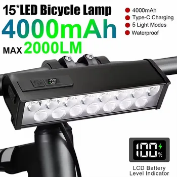 Luce per bicicletta Faro anteriore per bici 15LED Luce per bici 4000mAh Torcia impermeabile Tipo-C Ricarica Lampada per ciclismo su strada MTB