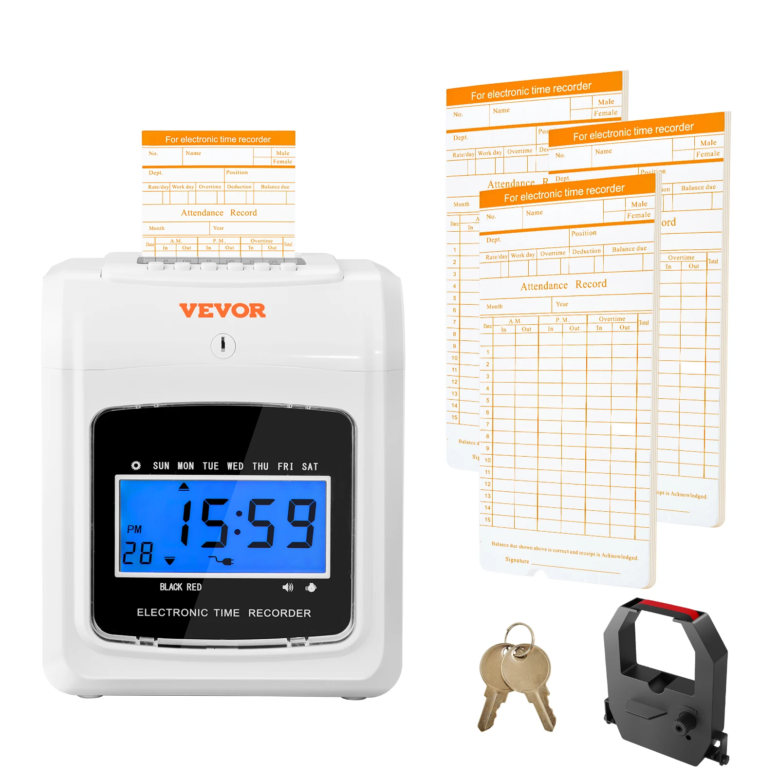 VEVOR Punch Time Clock Employees 6 Punches/Day 102 Cards 1 Ink Ribbon 2 Security Keys Attendance Machine