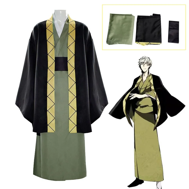

Fukuzawa Yukichi Cosplay Costume Anime Bungou Stray Dogs Japan Samurai Uniform Full Suit Green Kimono Halloween Role Play Outfit