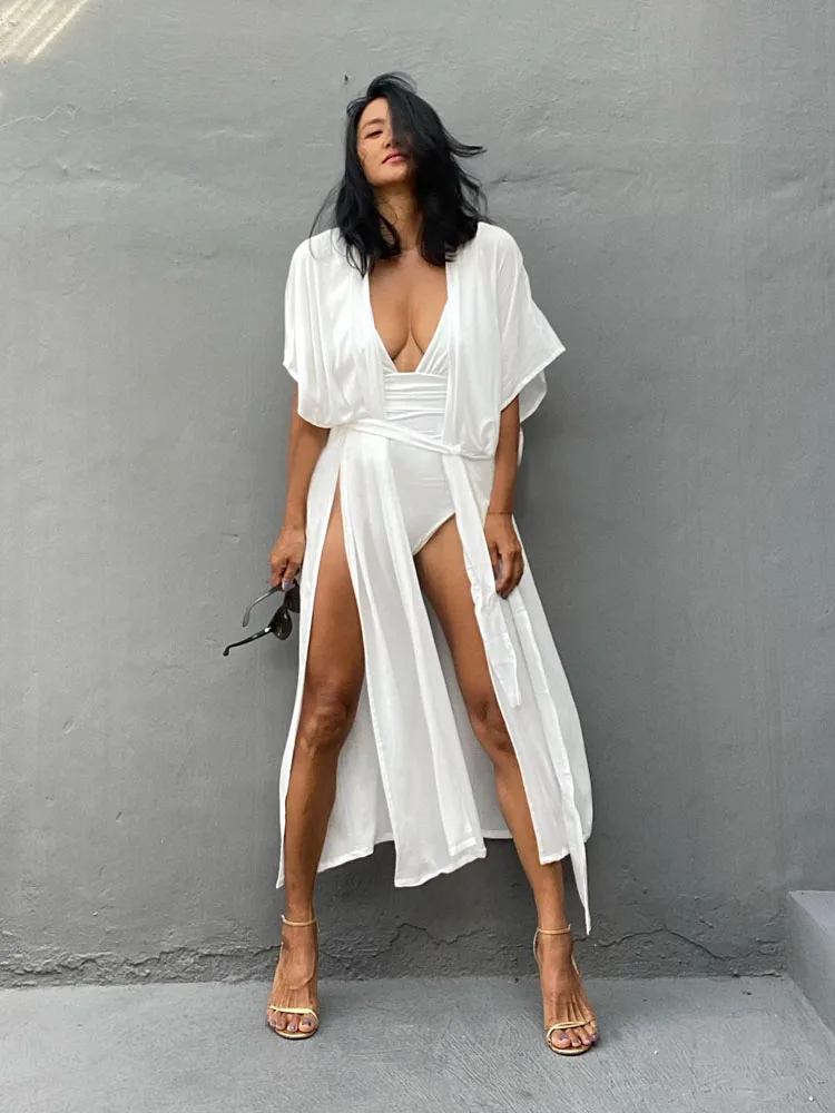 

Beach Solid Split Bathing Suit Women 2023 Summer Sexy Cover-Up Tie-Dye Print Irregular Shawl Swimsuits Cardigan Kimono Femme