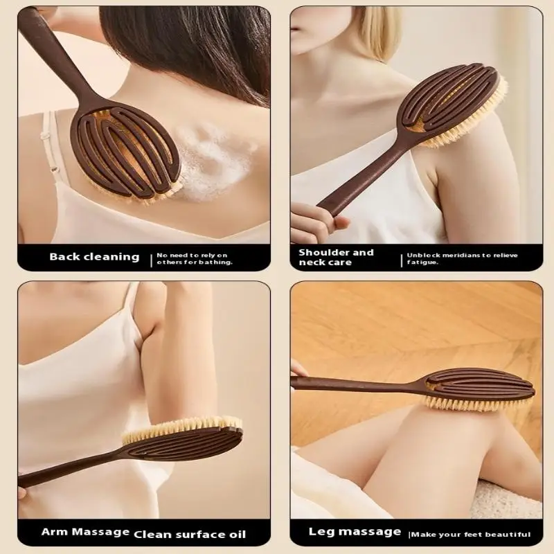 Soft natural bristle bath brush with wooden handle for gentle dry skin care.