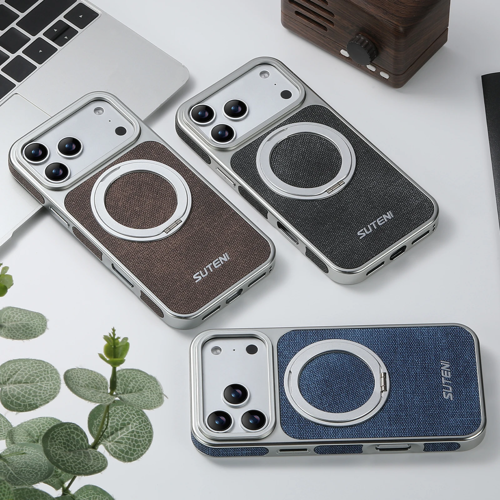 Leather Magnetic Phone Case with 360° Rotating Stand & Wireless Charging Compatibility