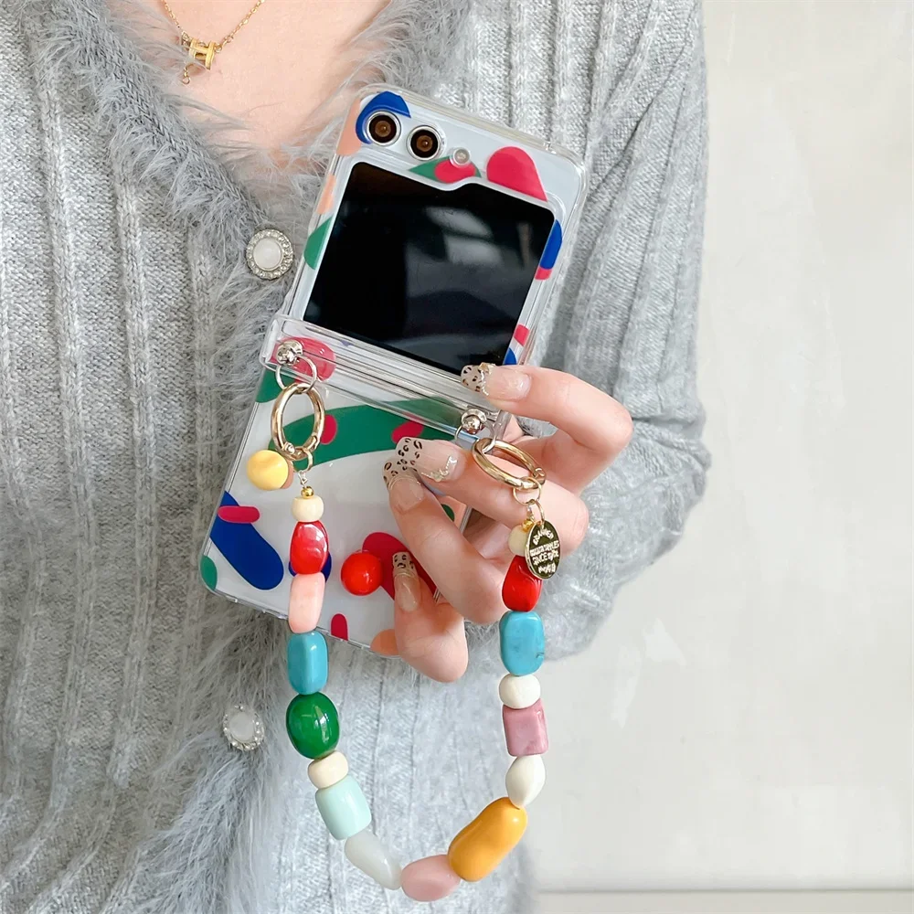 Cute Colorful Round Bead Wrist Strap Case with Transparent Hinge Protection Cover