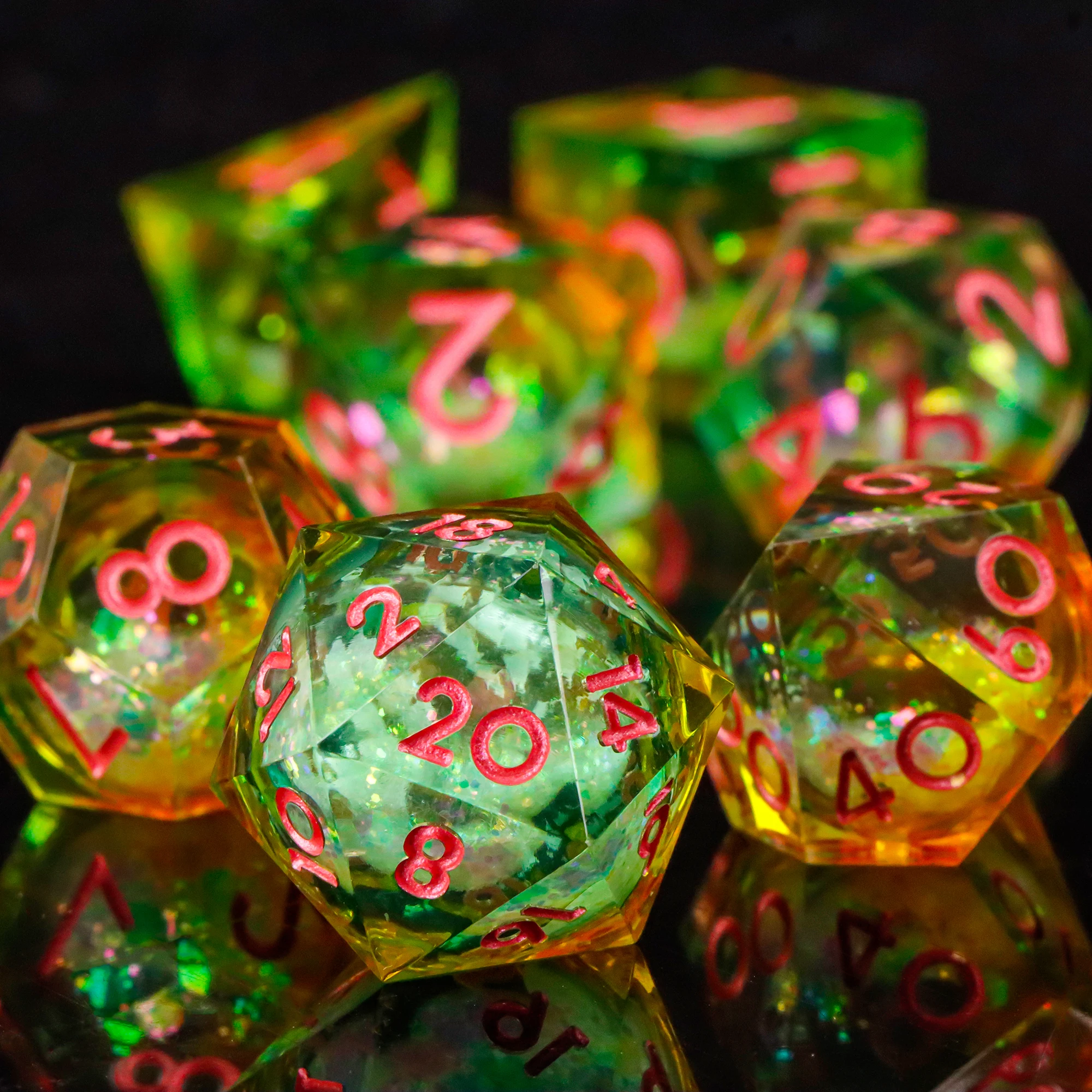 DND 주사위 세트 7개, 퀵샌드 리퀴드 코어 샤프 엣지 수제 D&D 주사위 세트 (던전 앤 드래곤 RPG, MTG 롤플레잉 게임용)