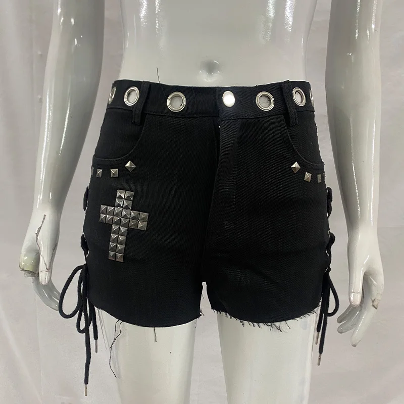 Y2K Sommer High Street Gothic Punk Sexy Mode-Trend Kreuz-Design mit Strass-Effekt Ins Trend Marken-Nischen-Shorts – Detail 3