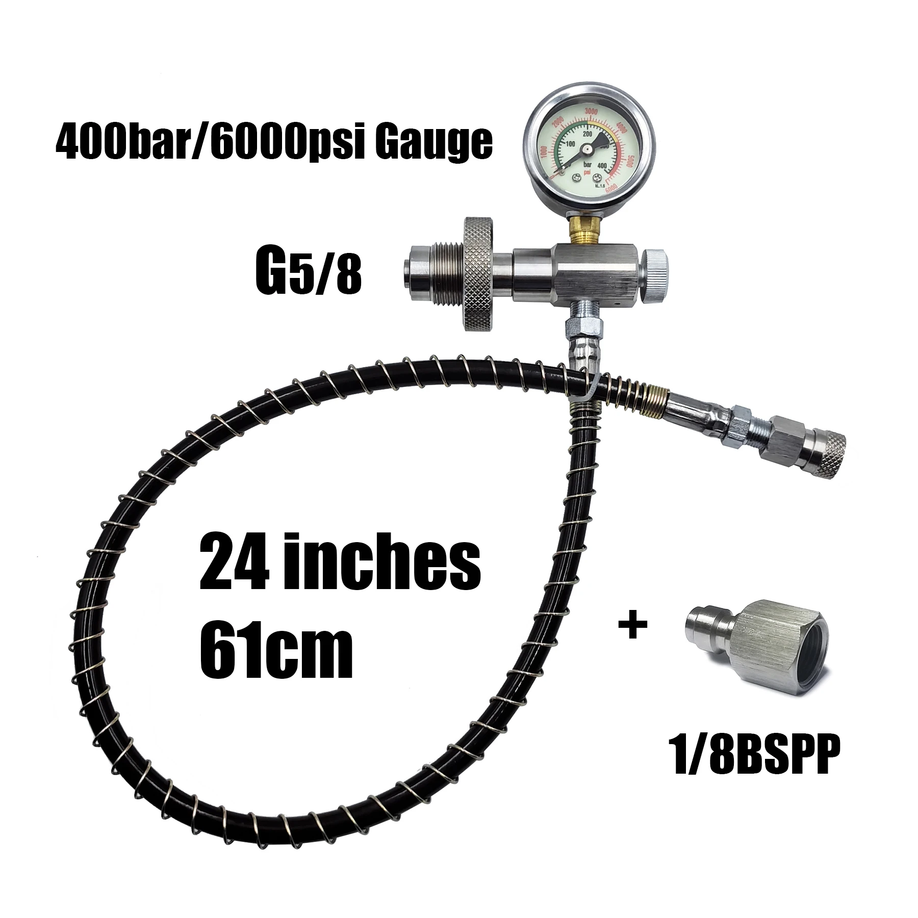 HPA 스쿠버 다이빙 충전 어댑터 호스가 있는 HP 주유소 6000psi/400bar 게이지 DIN 커넥터 큰 탱크에서 작은 병까지