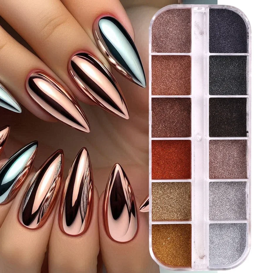 Nail Powder Nail Glitter Nail Pigment 12 Grids Winter Magic Mirror Nail Glitter Powder Dark Brown Gold Silver Pigment Trending Rubbing Dust Manicure Accessories