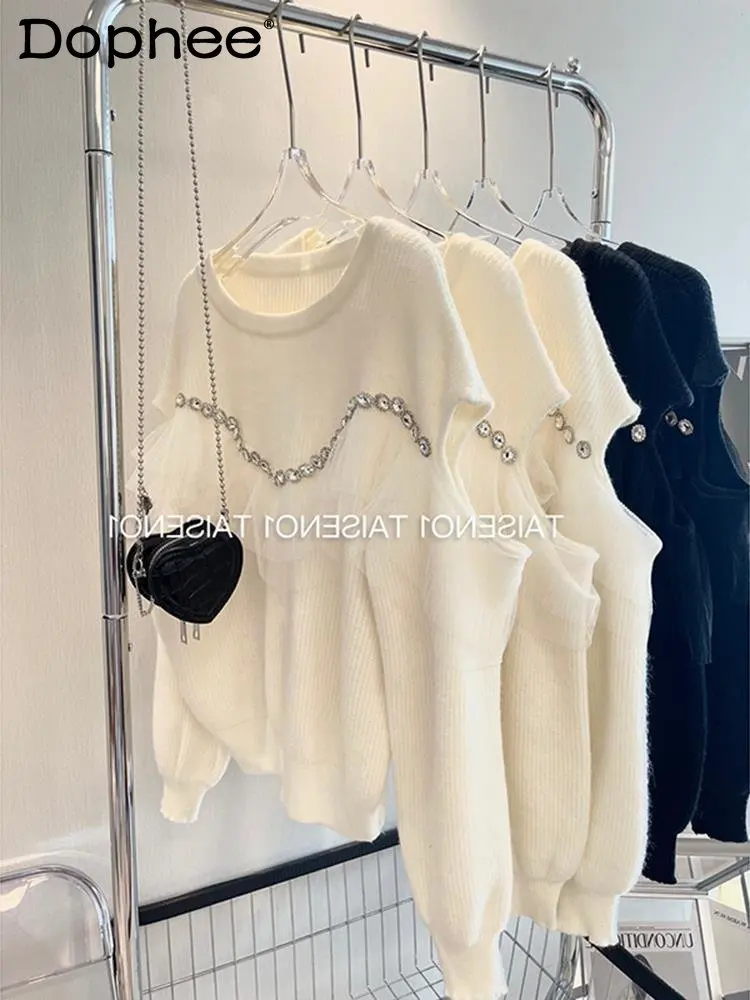 

Autumn Winter New Mesh Ruffled Exquisite Rhinestone Sexy Off-Shoulder Sweater Women Loose Fashion Black White Knitwear Jumper