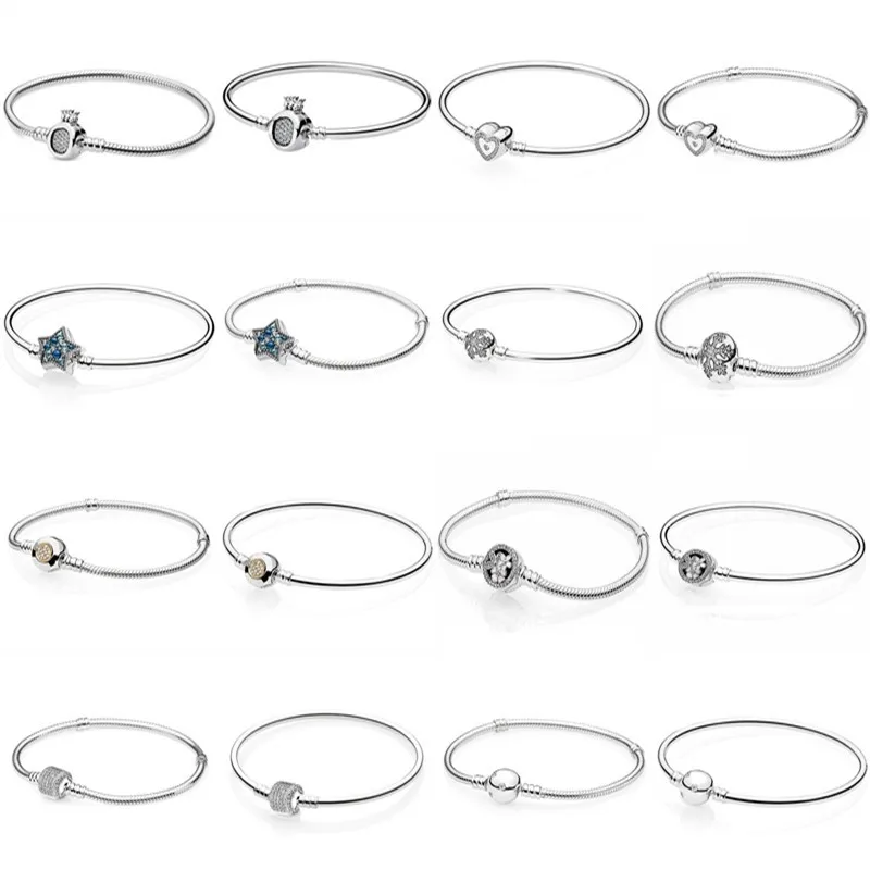 

Authentic 925 Sterling Silver Signature Clasp Crystal Snake Chain Bracelet Bangle Fit Women Bead harm Diy Fashion Jewel