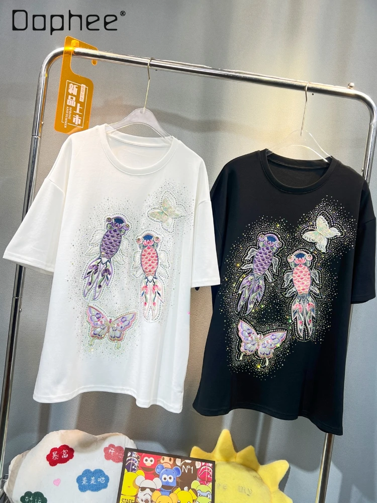 

Футболка женская с коротким рукавом, Свободный Топ средней длины из хлопка с вышивкой золотой рыбки, с круглым вырезом, лето 2024