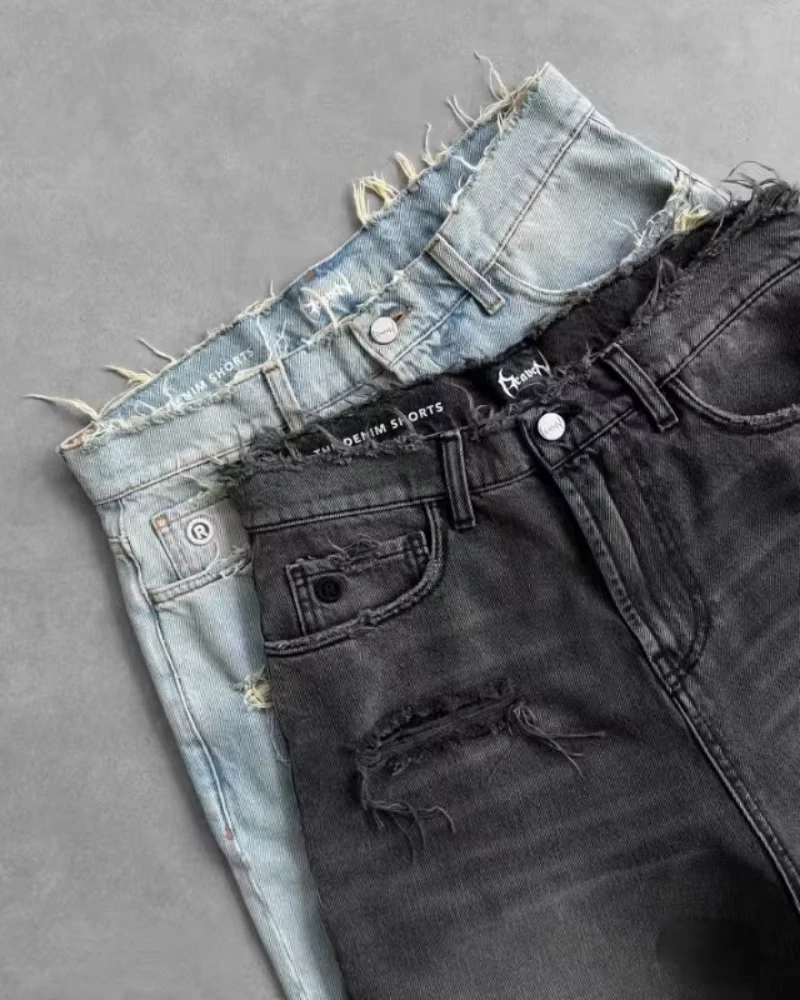 Summer American Embroidered Casual Denim Shorts Men High Street Vintage Hip Hop Popular Casual Couple Shorts