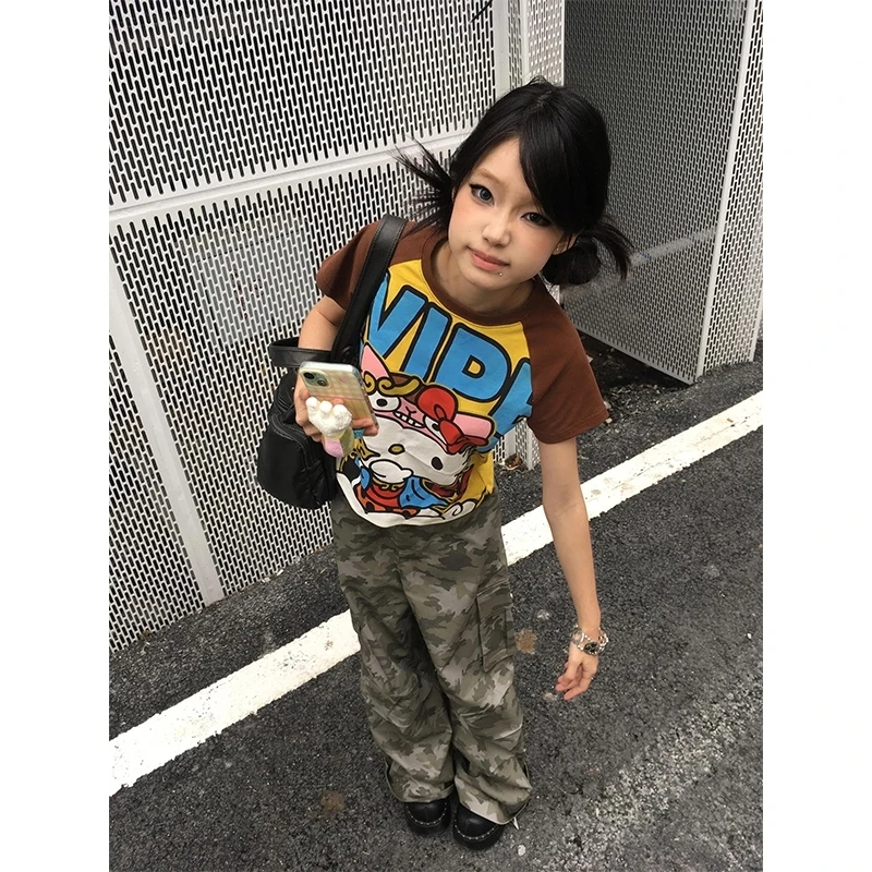 New Hello Kitty Kawaii Anime Fashion Short Tops Y2k Summer Cute Tees Cartoon Printed High Street Gothic Short Sleeve T-shirts