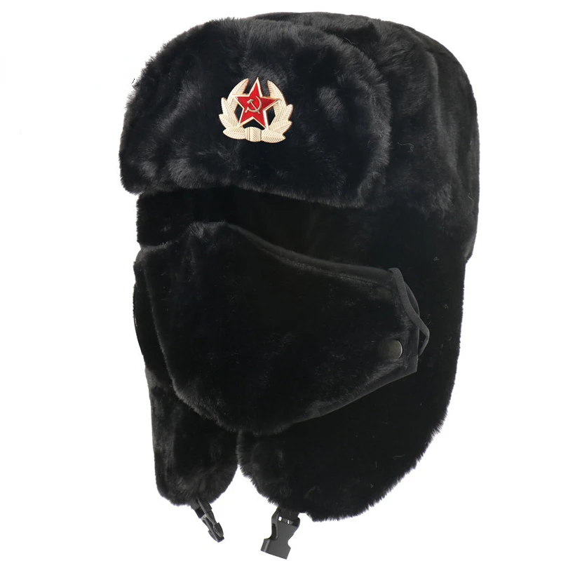 

Soviet Army Military Badge Bomber Hat Men Women Russia Ushanka Hats Faux Rabbit Fur Earflap Snow Caps Trapper Hats