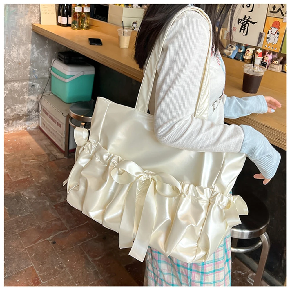 Y2K Cute Fashion Bow Shoulder Bag Sweet Women Large Capacity Ita Bag Nylon Korean Style Trend Tote Bag Kawaii Female Handbag