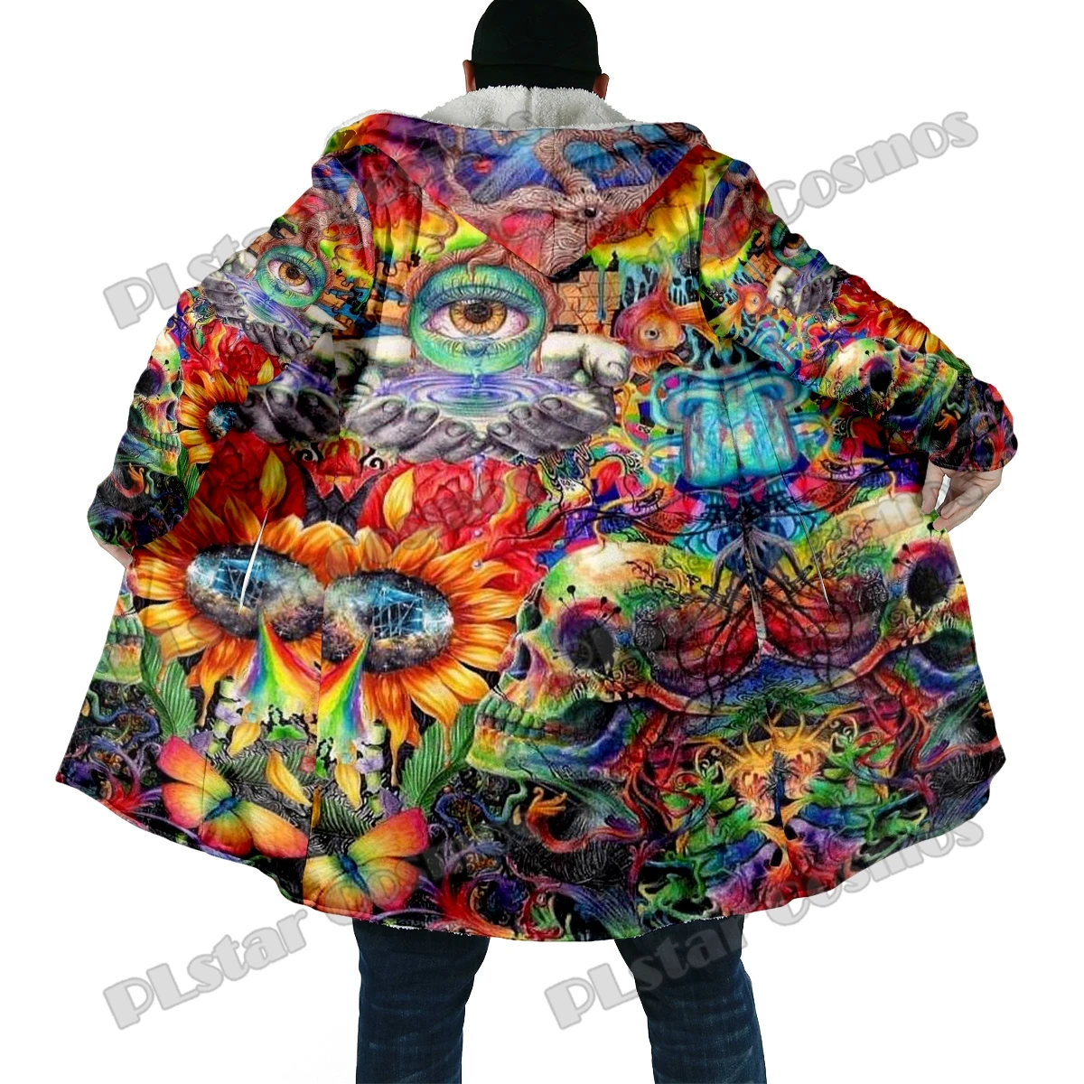 Winter Fashion Men's cloak Samurai Oni Mask Tattoo 3D Printed Thick Fleece Hooded Cloak Unisex Casual Warm Cape Coat DP59