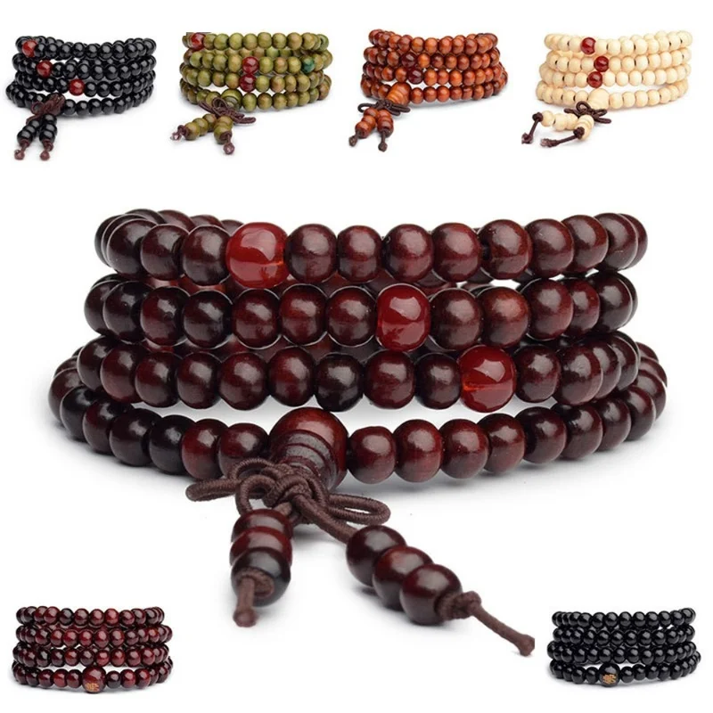 6mm Natural Sandalwood Buddhist Buddha Meditation Wood Prayer Bead Mala Bracelet Bangles Women Men Jewelry 108 Beads Bijoux