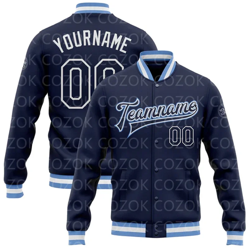 Custom Dark blue 3D Printed Baseball Button Jacket Bomber Full-Snap Varsity Letterman Jacket