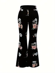 Plus Size Women's Flower Print High Waisted Tight Fitting And Elegant Bell Bottomed Pants For Slimming Effect