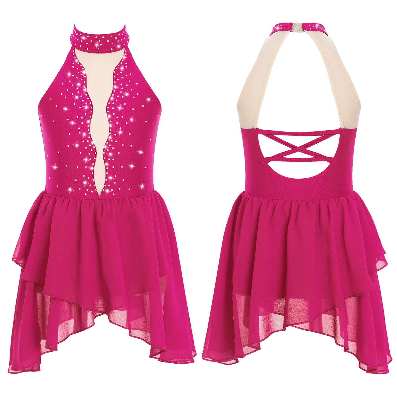 thumbnail image 1 of Traje de baile lírico de Ballet para patinaje artístico con diamantes de imitación para niñas, vestido de baile de Salsa, Rumba y Tango con dobladillo Irregular de malla transparente, 1 of 5