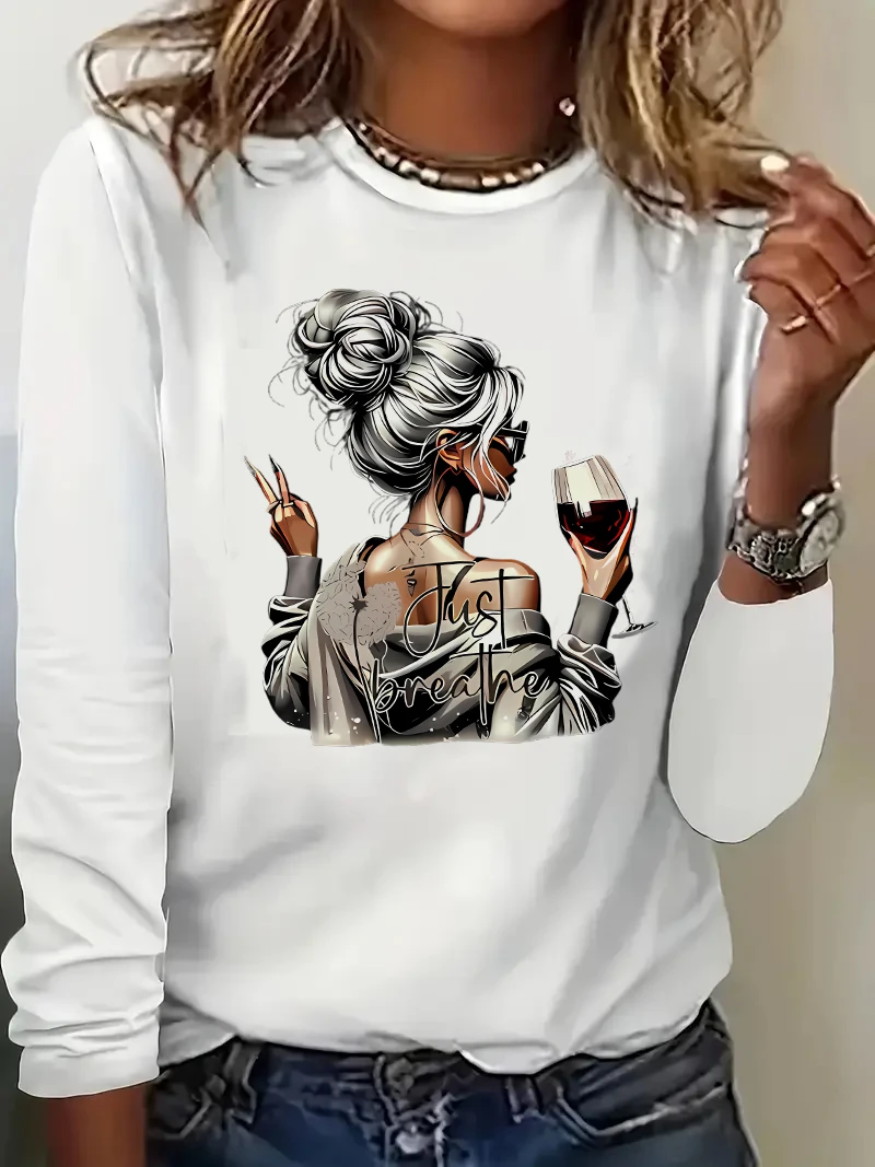 Streetwear Wine Drink Printed Long Sleeve Shirt Vintage T Shirt Women's Print T-Shirt Crew Neck Top Tee Tshirt Casual 2