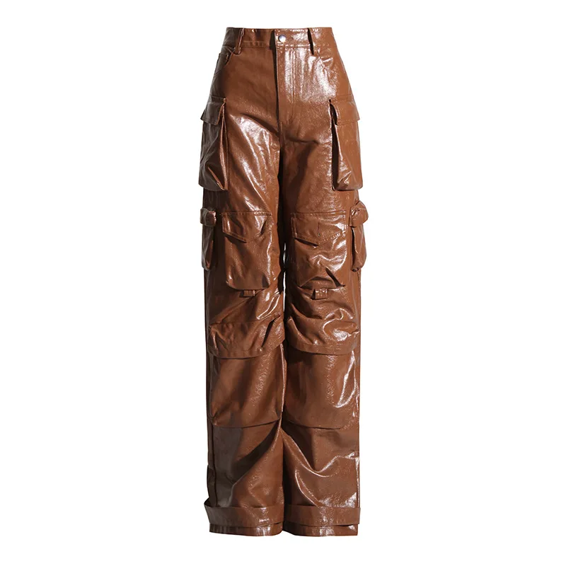 Women's Multi Pocket PU Leather Cargo Pants Loose Fit Mid Waist Trousers Streetwear Casual Capris Autumn Fashion Y2k 2023