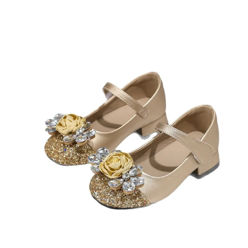 Girls Leather High Heel Shoes with Rhinestone for Wedding Party