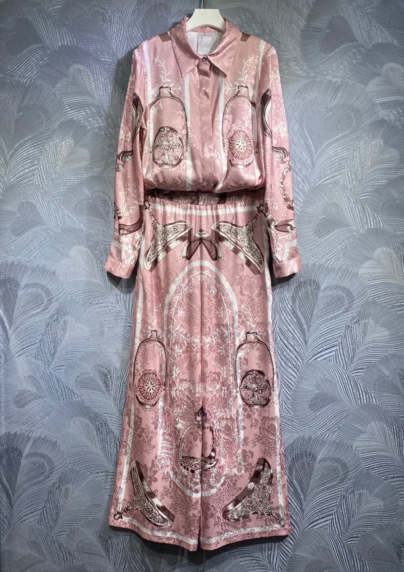 

Top Quality Designer Clothing Sets 2024 Spring Pant Suits Women Vintage Prints Long Sleeve Shirts+Full Length Long Pant Set 2pcs