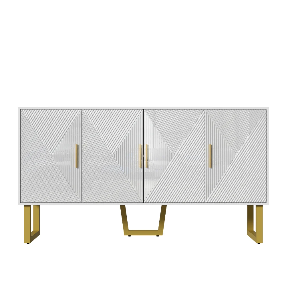 150 cm großes luxuriöses weißes Sideboard mit hochglänzenden strukturierten Türen und goldenen Griffen, 4-türiges Design, höhenverstellbare Regale – Detail 20