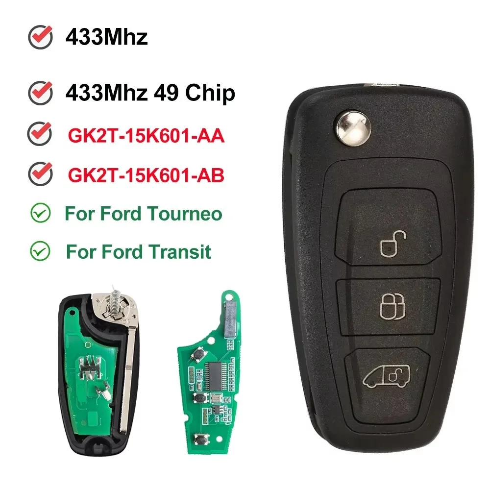 GK2T-15K601-AB GK2T-15K601-AA 433.92MHz ID49 3btn Flip Remote Key for Ford Transit Tourneo Custom car remote key,car key