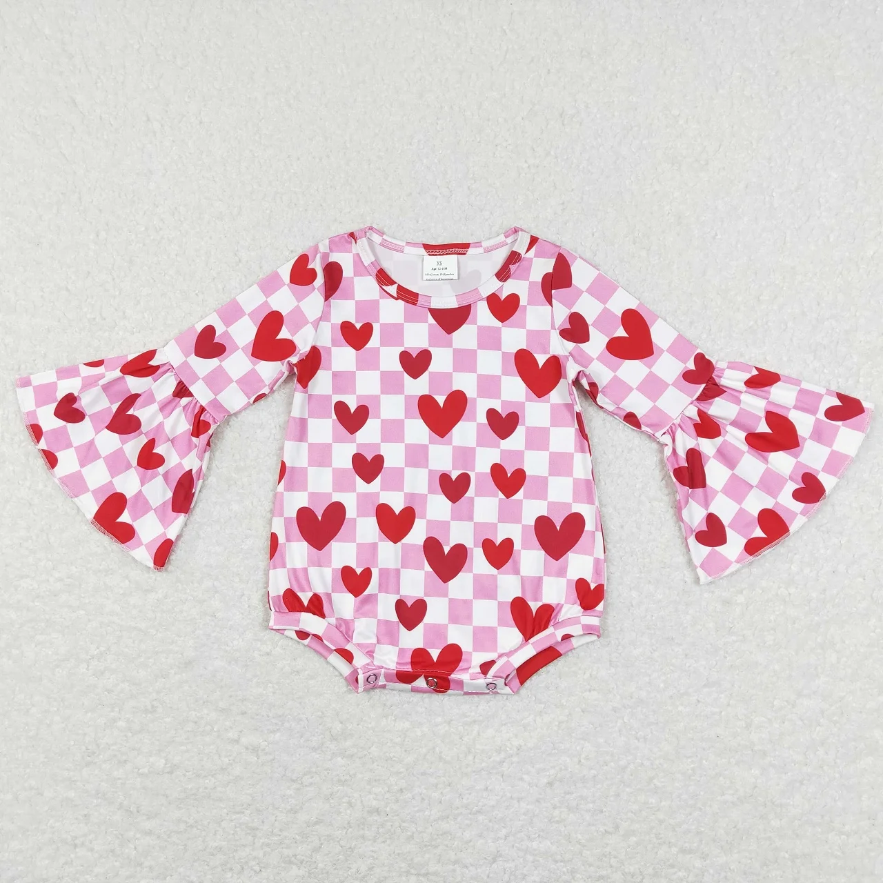 

Wholesale Newborn Infant Hearts Jumpsuit Kids Baby Girls Valentine's Day Children Toddler Bell Long Sleeves Checkered Romper