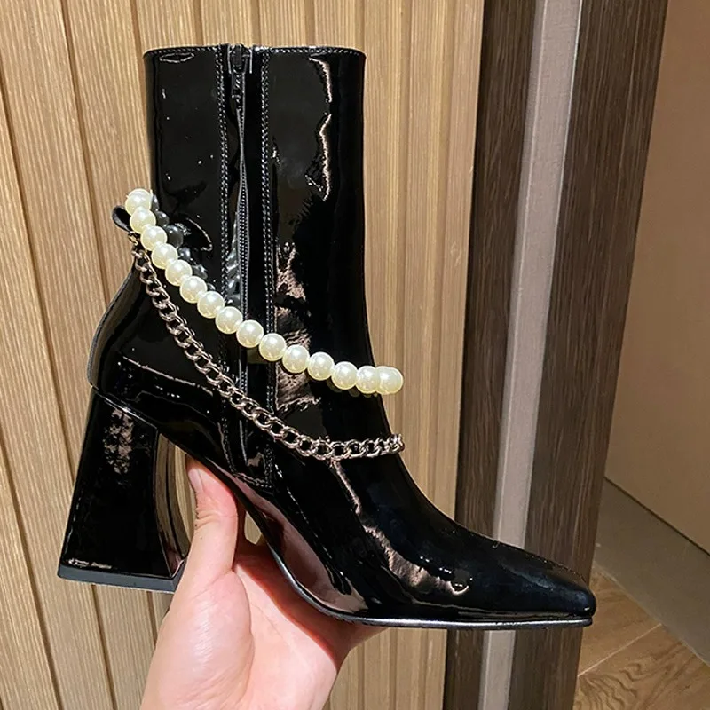 

Pearl Chain Square Toe Martin Boots Patent Leather High Heel French Boats Femininas Side Zipper Chunky Heel Botines Women Shoes
