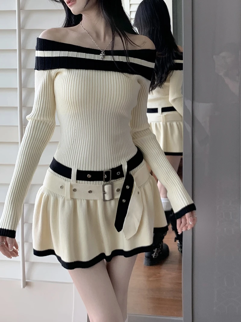 Y2K Slim Casual Knitted Mini Dresses Women Off Shoulder Elegant Korean Fashion Short Party Dress with Belt Autumn New Clothing