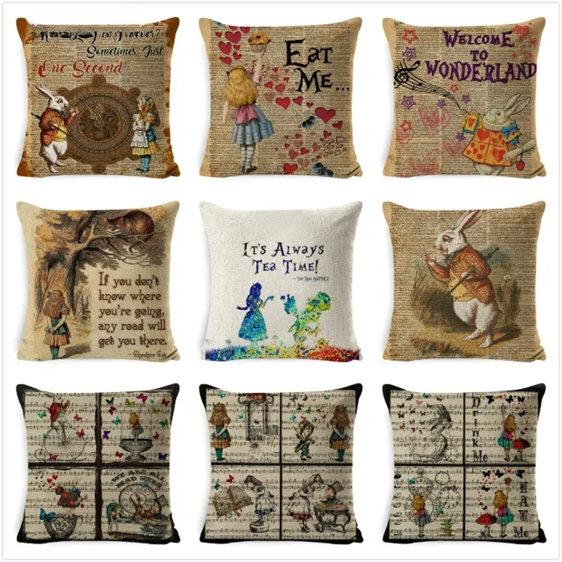 

Vintage Cushion Cover Illustration Cushion Rabbit Praiser in Newspaper Alice in Wonderland Retro Home Decorative Pillow Cover