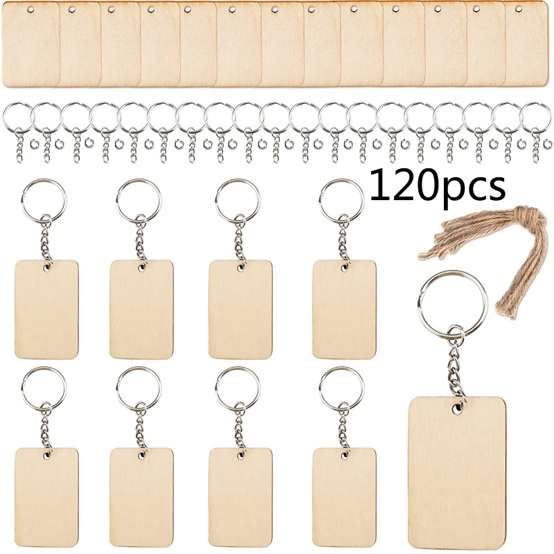 

Blank Rectangle Shaped Wooden Keychain Set of 120 Unfinished Chip for Key Rings Hemp Rope DIY Keychain Supply