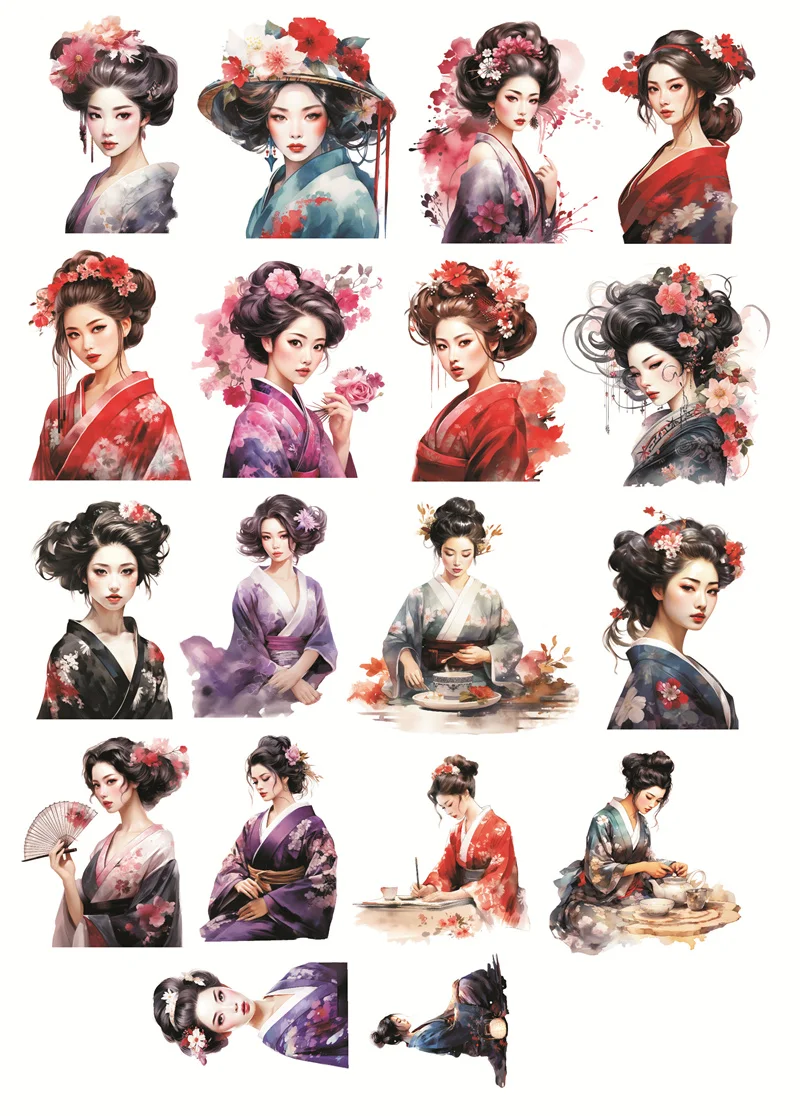 Niedliche japanische Geisha und Kimono-Mädchen im Aquarell-Stil, Schreibwaren-Aufkleber zur Journal-Dekoration, Wasserfest und für Scrapbooking – Detail 1