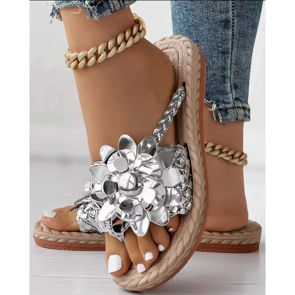 Going Out Summer Holographic Braided Floral Pattern Toe Post Beach Flip Flops Fashion Women Round Toe Outdoor Slippers Shoes