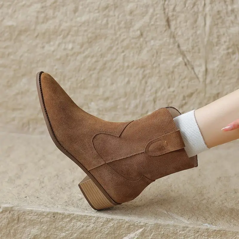 

9 Years Old Shop Cow Suede Genuine Leather Women Boots Autumn Winter Fashion Leisure Outdoor Thick Heel Woman Ankle Boots