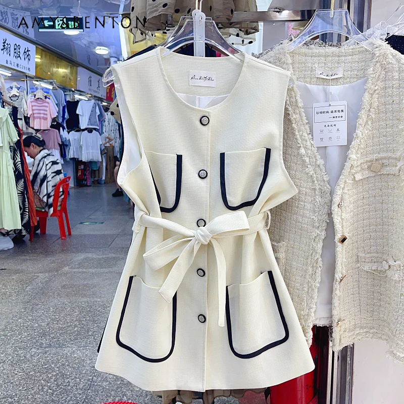 Sleeveless Waist-Tight Vest Coat Women's Mid-Length Clothes European Goods 2023 Summer New Fashion Loose Vest Waistcoat