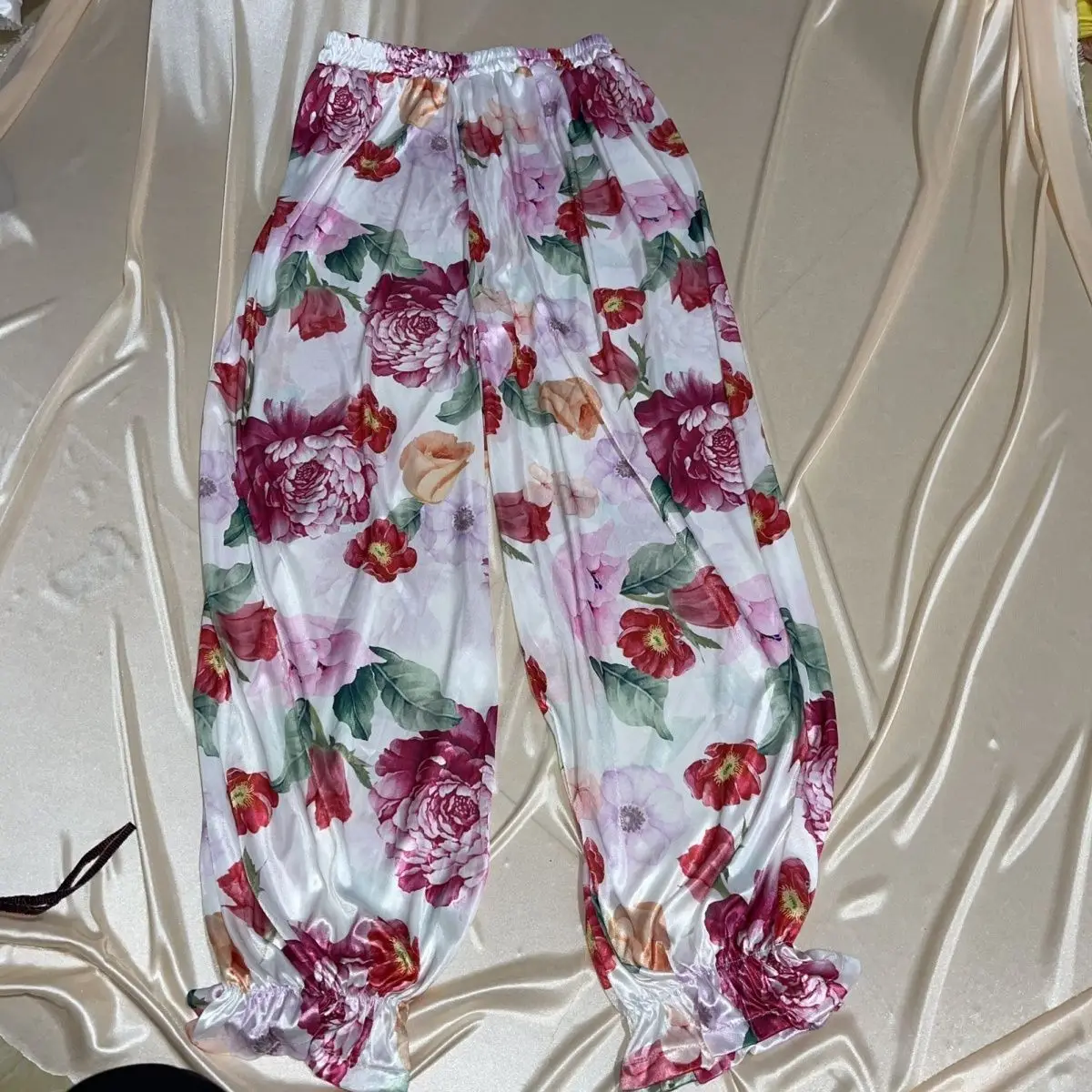 Glossy floral print satin pajamas pants Women silk loose sleeping plus size trousers