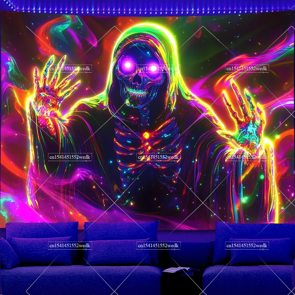 Im Dunkeln leuchtender Reaper-Schädel, Schwarzlicht-Wandteppich, UV-reaktiv, Halloween-Geist, leuchtende Wandteppiche, neonfarbene fluoreszierende Party-Hintergründe – Detail 1