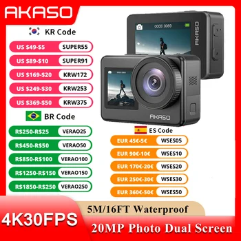 AKASO-Brave 7 4K30FPS 20MP WiFi 액션 카메라, 터치 스크린 스포츠 카메라, EIS 2.0 줌, 음성 제어 방수 카메라, Suport Mic